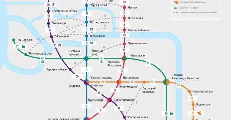 Карта, показывающая, сколько нужно пройти пешком, чтобы добраться от одной станции метро до соседней…