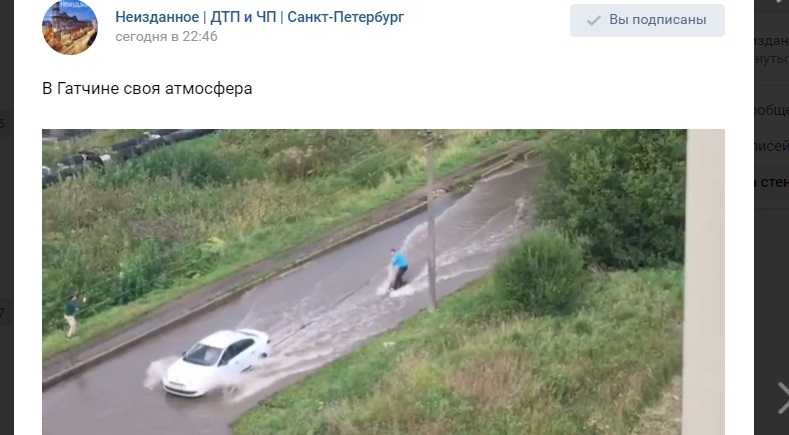 "Словил волну": житель Гатчины прокатился на мини-серфе по затопленным улицам