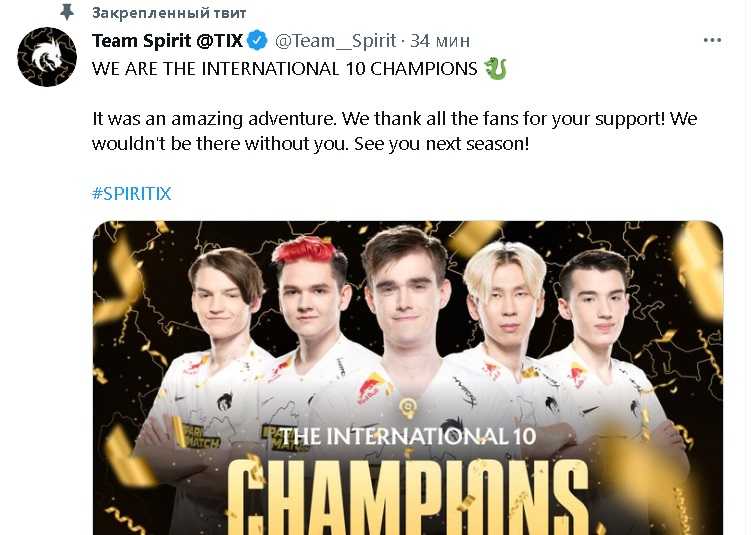 Российская команда Team Spirit стала чемпионом мира