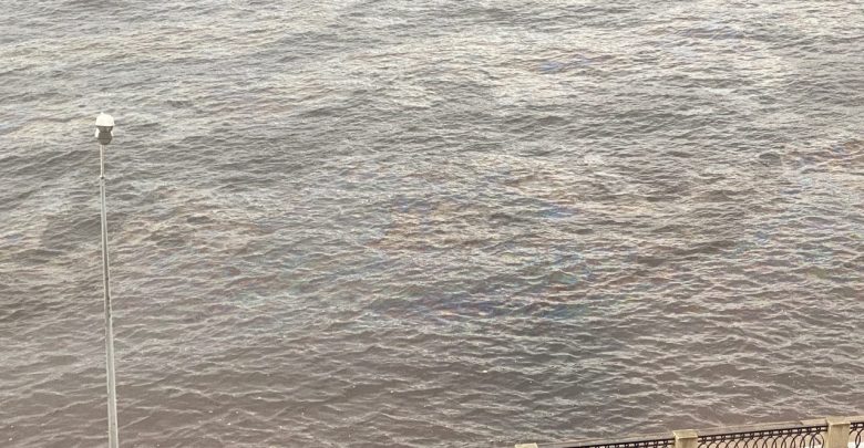 Водная поверхность Невы на Октябрьской набережной стала странного цвета.Предполагаю ,что-то сливают выше по течению